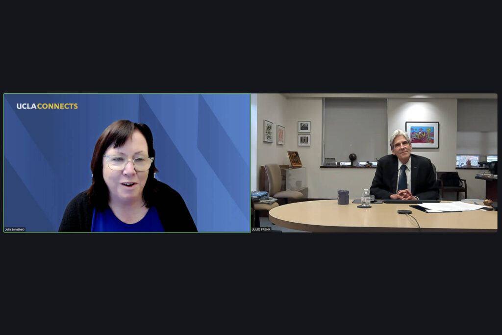 Chancellor Frenk in his office and speaker with blue background on Zoom.