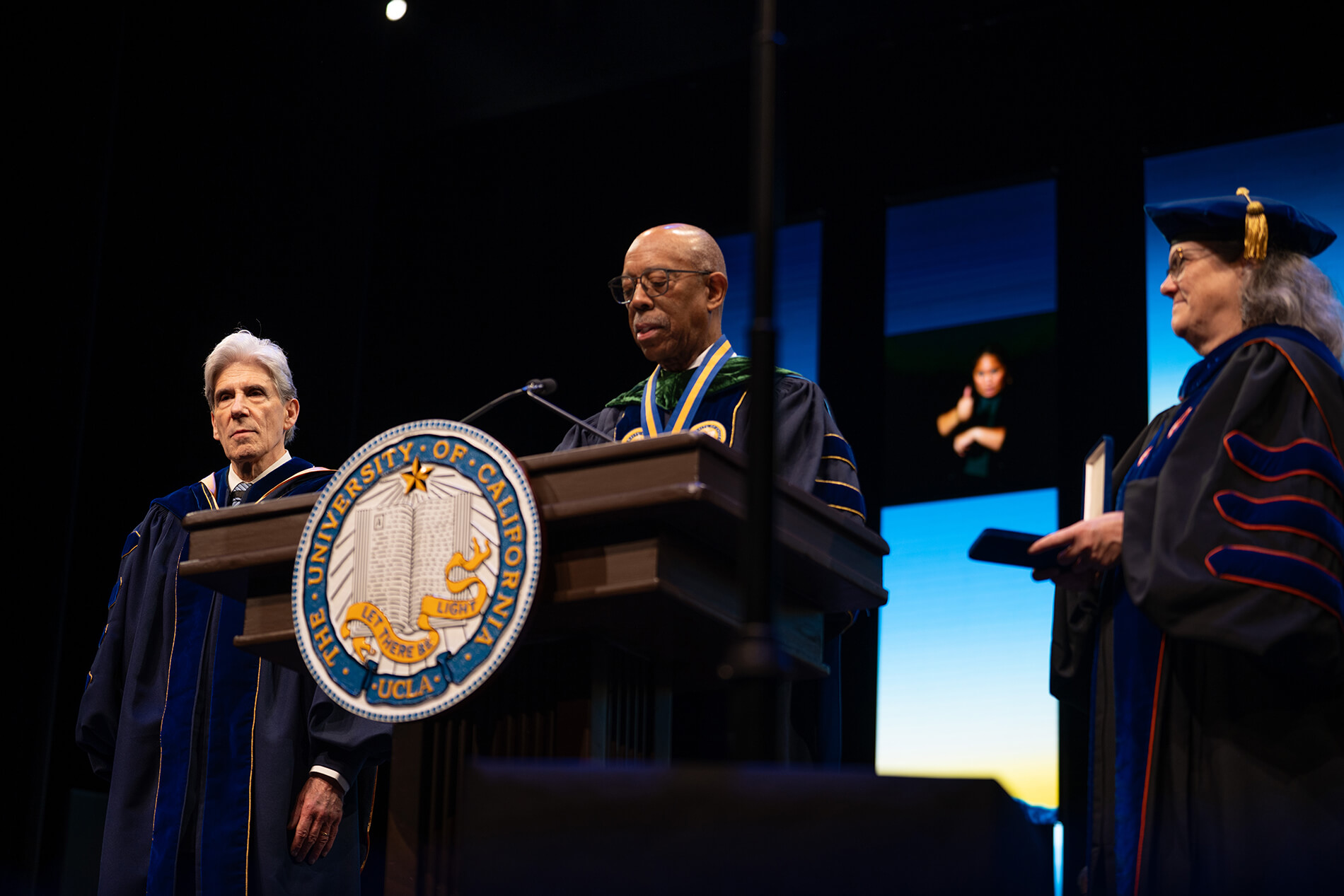 UC President Drake on podium