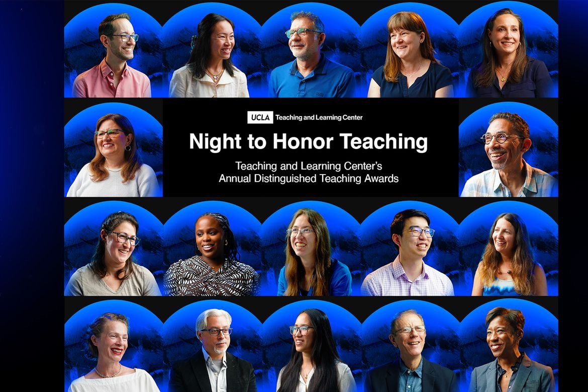 Composite of 17 portraits, five in three rows except second row, which has two photos on either side of "Night to Honor Teaching"
