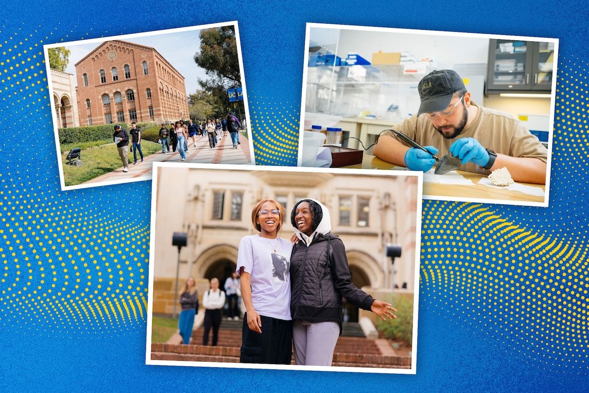 Collage of UCLA students walking on campus, conducting research in a laboratory and posing together outside a campus building, set aside a blue-and-gold patterned background