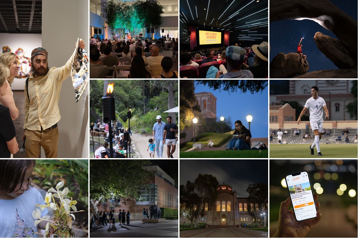 Collage of UCLA summer evenings featuring museum visitors, jazz and film audiences, botanical gardens families, a student relaxing on a lawn, a soccer player, a campus tour, illuminated Powell Library, a scavenger hunt and Joshua Tree stargazing